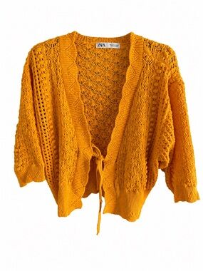 Zara Orange Yellow Open Knit Tie-Front Cardigan Sweater Size Large